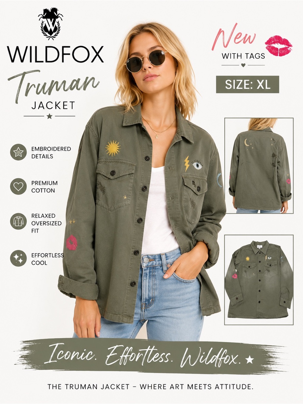 Wildfox Truman Embroidered Utility Jacket NWT XL Olive Green